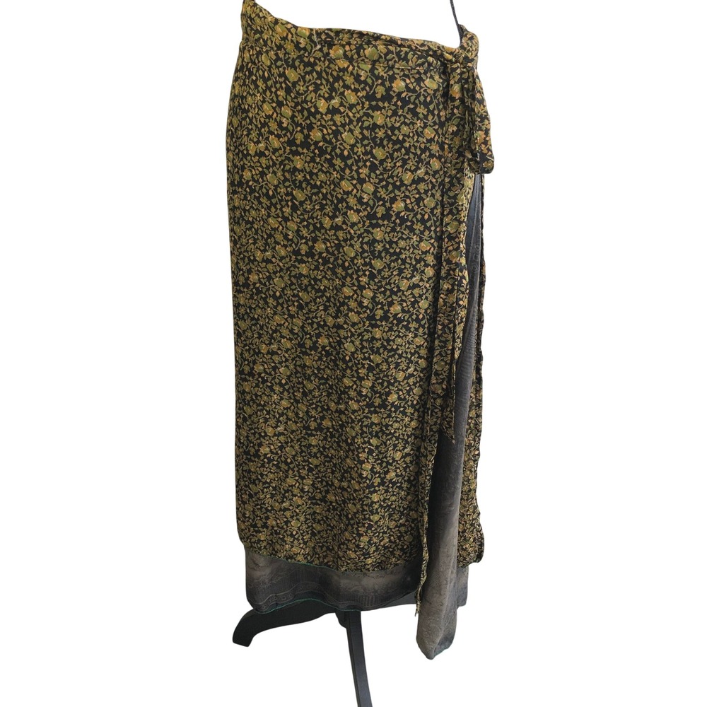 Wevez Reversible Floral Wrap Maxi Skirt Womens OS Black Green Silk Blend Boho
